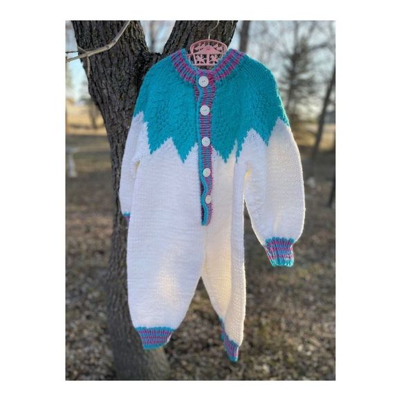 Vintage 80s Hand Knit Romper Sleeper White Purple Turquoise - Picture 4 of 9
